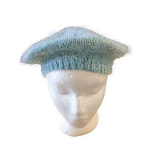 Handmade Womens Fuzzy Beret Hat Light Blue Marled Purple Flecks Winter Warm